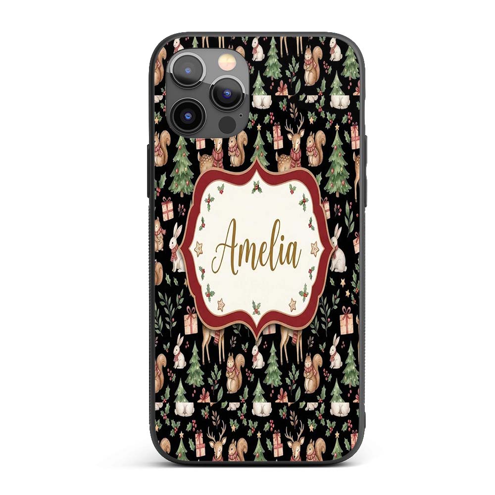 Cute Christmas Deer Squirrel Leaves Gift Pattern Custom Name Protective Phone Case Mobile Cover Durable Everyday Smartphone Shock Resistant