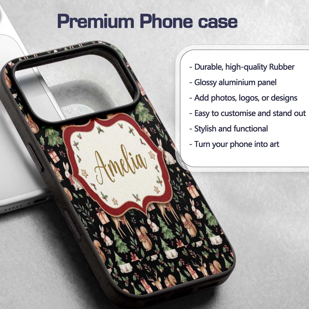 Cute Christmas Deer Squirrel Leaves Gift Pattern Custom Name Protective Phone Case Mobile Cover Durable Everyday Smartphone Shock Resistant