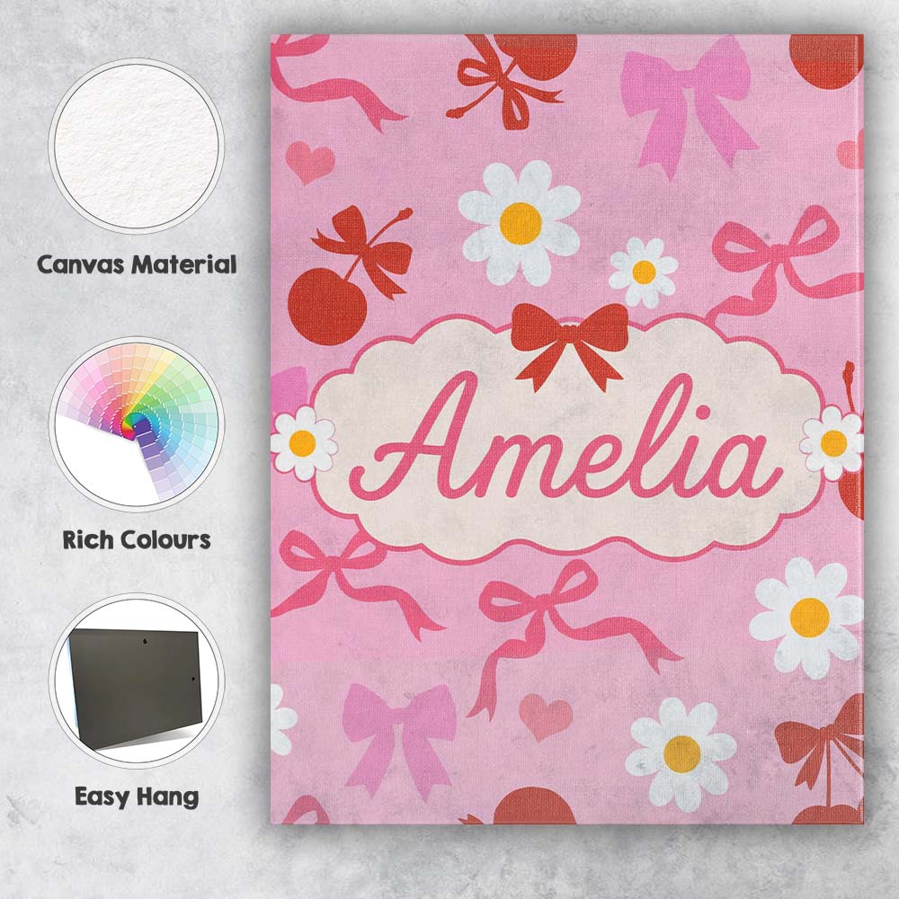 Personalised Name Cute Cherry Bow Daisy Heart with White Daisies on Custom Canvas Wall Art Print Decor Picture Ready to Hang