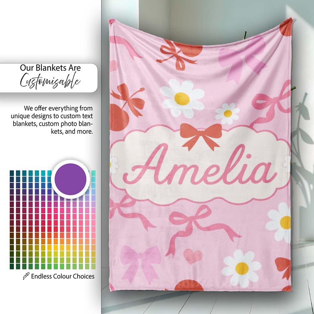 Cute Cherry Bow Daisy Heart with White Daisies on Grey Background Personalised Custom Name Super Soft Fleece Blanket Bed Sofa Throw