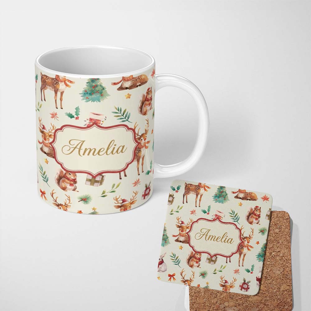 Personalized Custom Name Cute Christmas Deer Squirrel Leaves Gift Pattern Cream Background 11oz Ceramic Coffee Tea Mug White Large Handle
