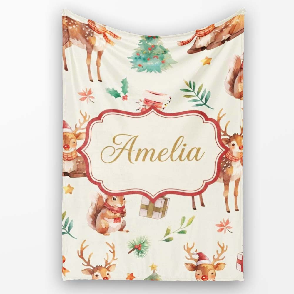 Cute Christmas Deer Squirrel Leaves Gift Pattern Cream Background Personalised Custom Name Super Soft Fleece Blanket Bed Sofa Throw