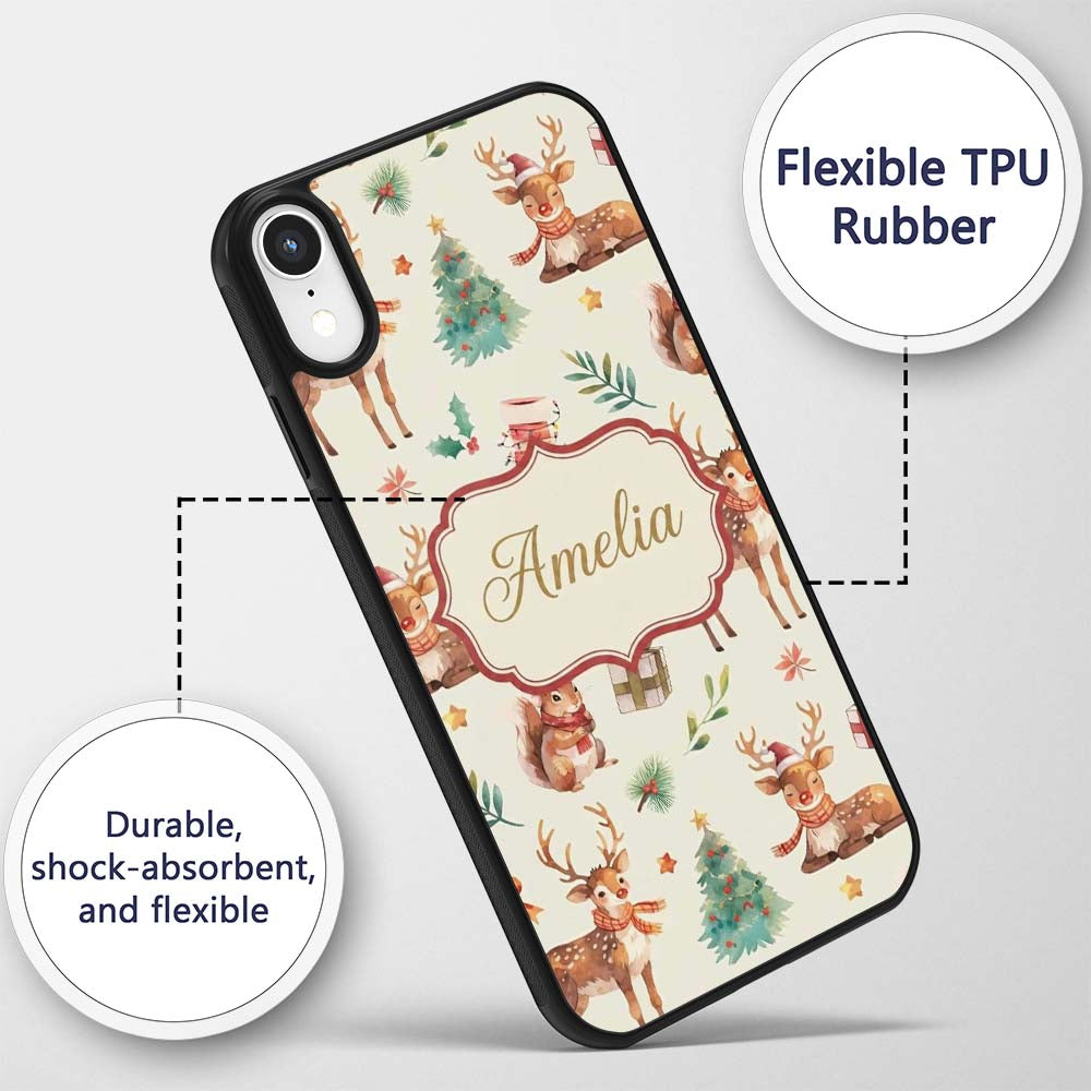 Cute Christmas Deer Squirrel Leaves Gift Pattern Custom Name Protective Phone Case Mobile Cover Durable Everyday Smartphone Shock Resistant