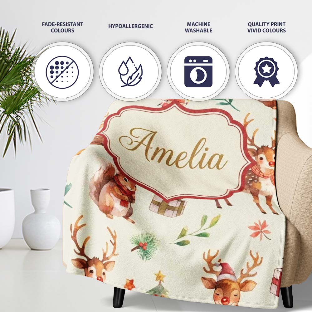 Cute Christmas Deer Squirrel Leaves Gift Pattern Cream Background Personalised Custom Name Super Soft Fleece Blanket Bed Sofa Throw