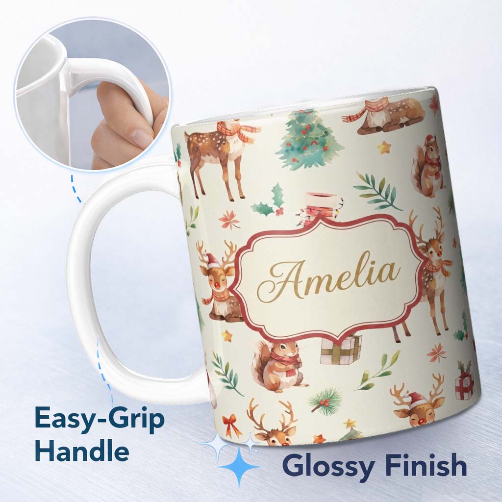 Personalized Custom Name Cute Christmas Deer Squirrel Leaves Gift Pattern Cream Background 11oz Ceramic Coffee Tea Mug White Large Handle