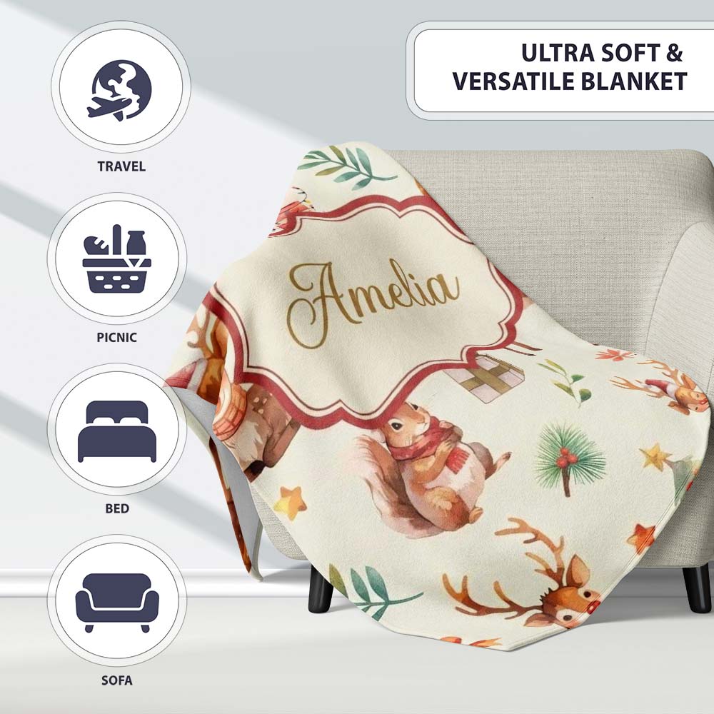 Cute Christmas Deer Squirrel Leaves Gift Pattern Cream Background Personalised Custom Name Super Soft Fleece Blanket Bed Sofa Throw