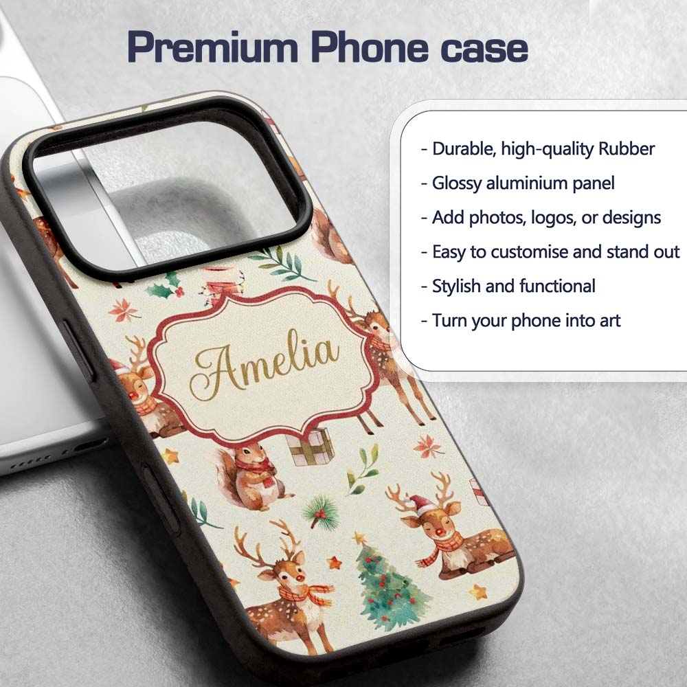 Cute Christmas Deer Squirrel Leaves Gift Pattern Custom Name Protective Phone Case Mobile Cover Durable Everyday Smartphone Shock Resistant