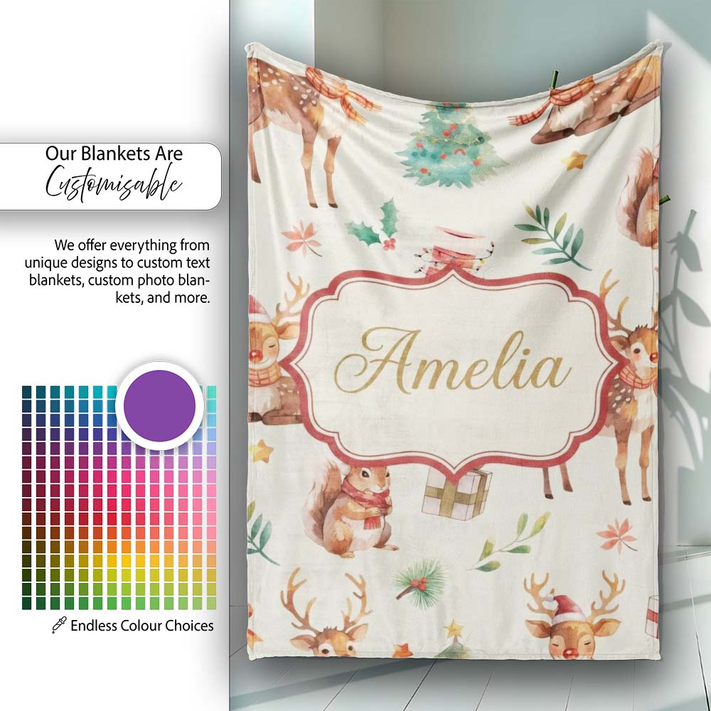 Cute Christmas Deer Squirrel Leaves Gift Pattern Cream Background Personalised Custom Name Super Soft Fleece Blanket Bed Sofa Throw