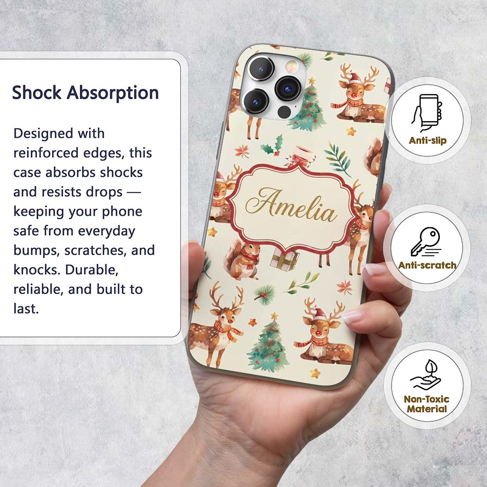 Cute Christmas Deer Squirrel Leaves Gift Pattern Custom Name Protective Phone Case Mobile Cover Durable Everyday Smartphone Shock Resistant
