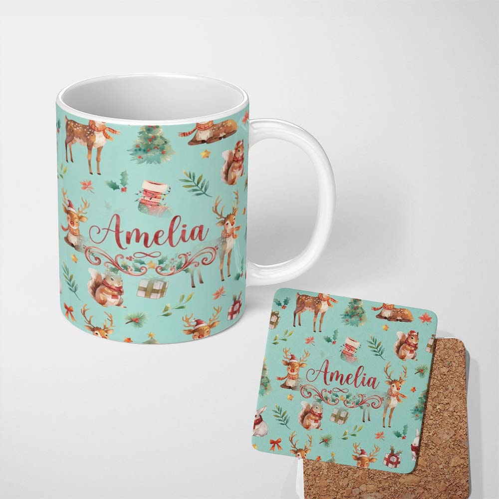 Personalized Custom Name Cute Christmas Deer Squirrel Leaves Gift Pattern Teal Background 11oz Ceramic Coffee Tea Mug White Large Handle