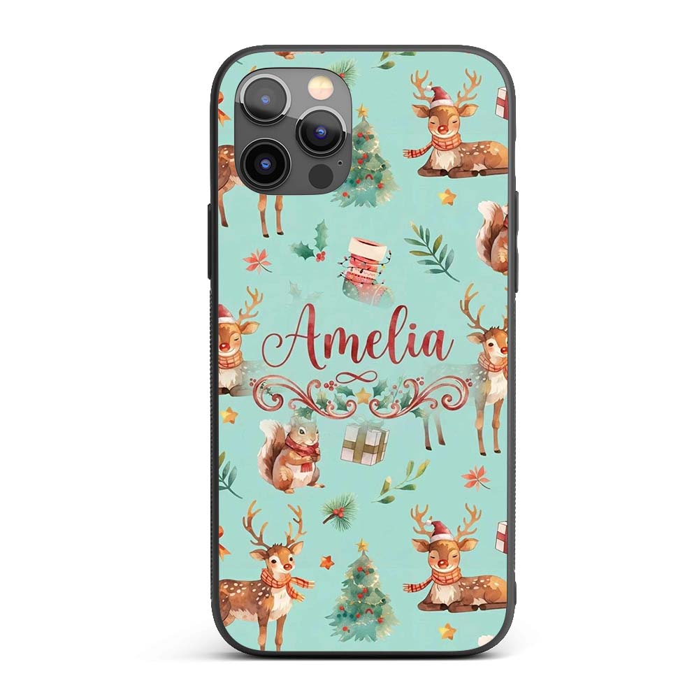 Cute Christmas Deer Squirrel Leaves Gift Pattern Custom Name Protective Phone Case Mobile Cover Durable Everyday Smartphone Shock Resistant