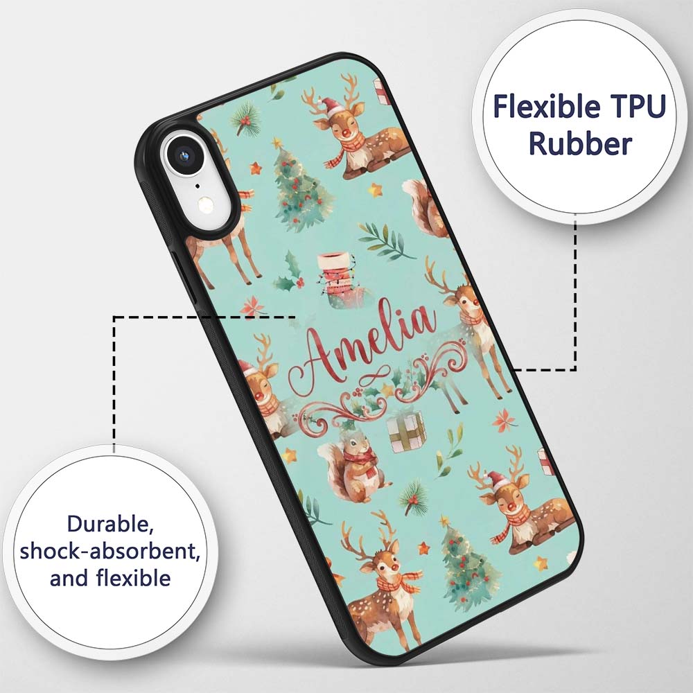 Cute Christmas Deer Squirrel Leaves Gift Pattern Custom Name Protective Phone Case Mobile Cover Durable Everyday Smartphone Shock Resistant