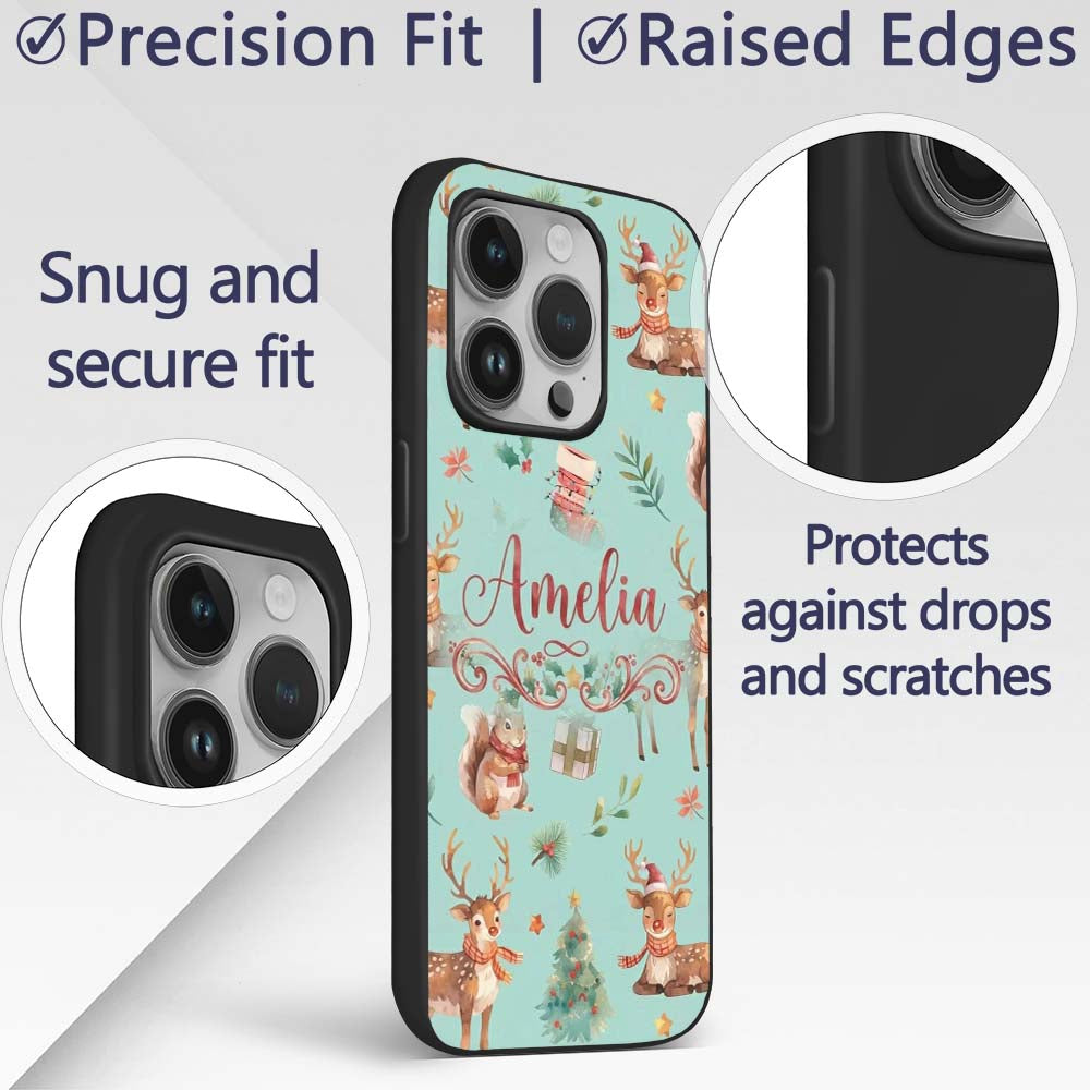 Cute Christmas Deer Squirrel Leaves Gift Pattern Custom Name Protective Phone Case Mobile Cover Durable Everyday Smartphone Shock Resistant