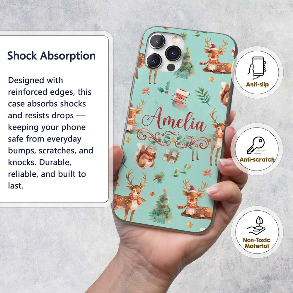 Cute Christmas Deer Squirrel Leaves Gift Pattern Custom Name Protective Phone Case Mobile Cover Durable Everyday Smartphone Shock Resistant