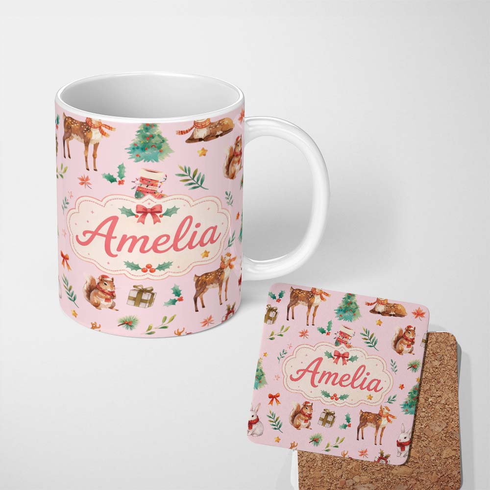 Personalized Custom Name Cute Christmas Deer Squirrel Leaves Gift Pattern Pink Background 11oz Ceramic Coffee Tea Mug White Large Handle