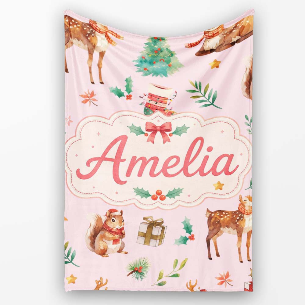 Cute Christmas Deer Squirrel Leaves Gift Pattern Pink Background Personalised Custom Name Super Soft Fleece Blanket Bed Sofa Throw