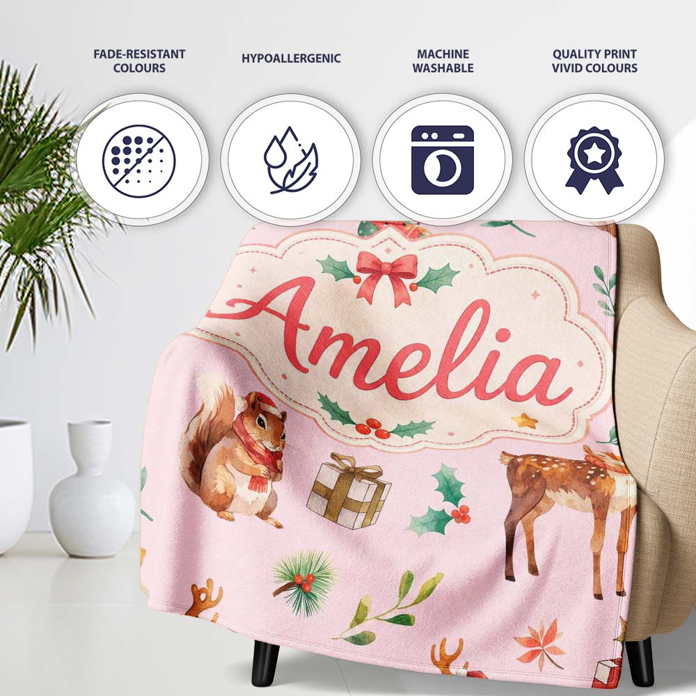 Cute Christmas Deer Squirrel Leaves Gift Pattern Pink Background Personalised Custom Name Super Soft Fleece Blanket Bed Sofa Throw