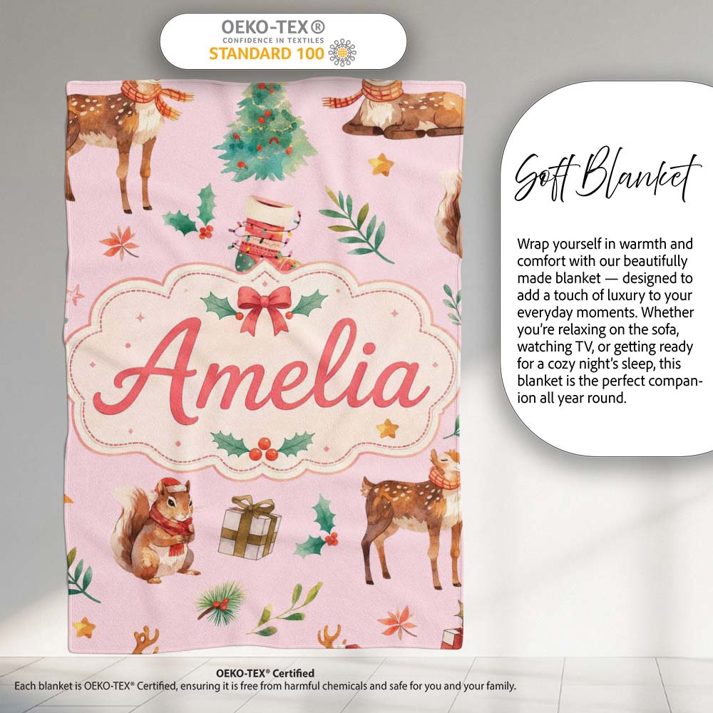 Cute Christmas Deer Squirrel Leaves Gift Pattern Pink Background Personalised Custom Name Super Soft Fleece Blanket Bed Sofa Throw
