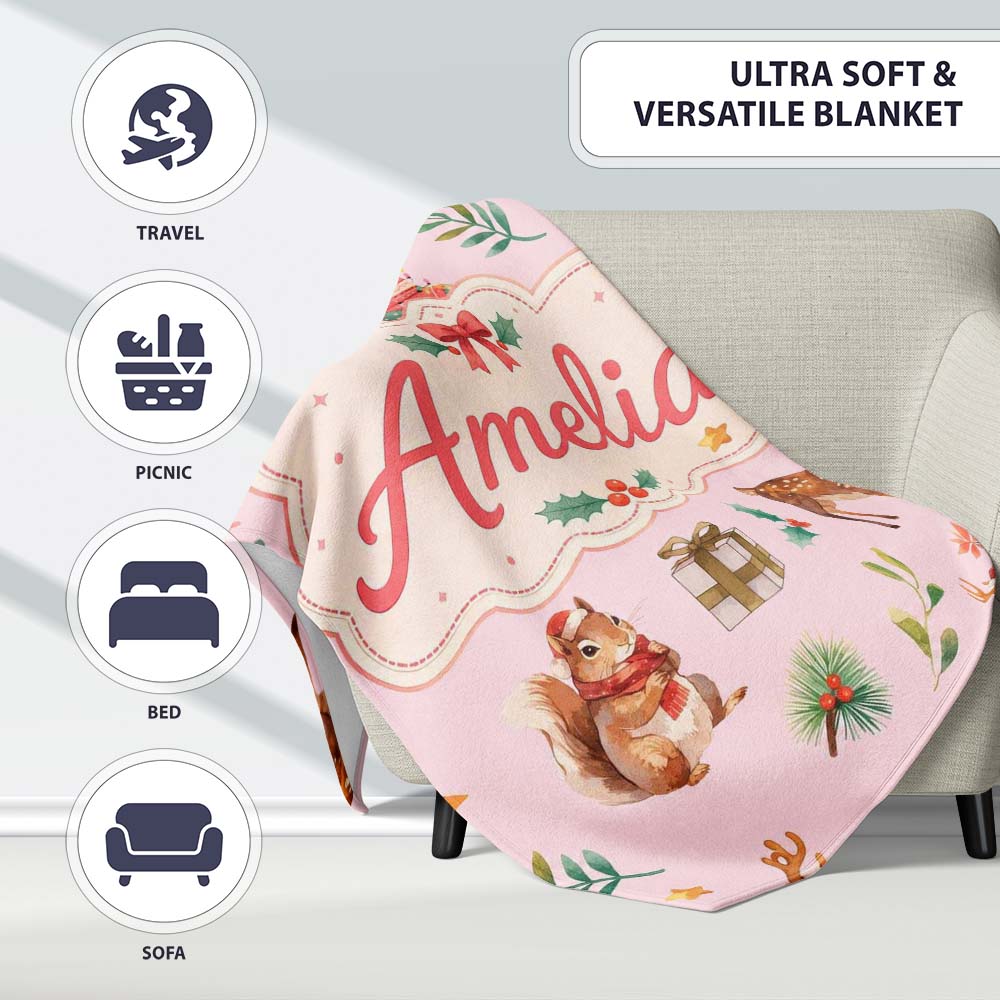Cute Christmas Deer Squirrel Leaves Gift Pattern Pink Background Personalised Custom Name Super Soft Fleece Blanket Bed Sofa Throw