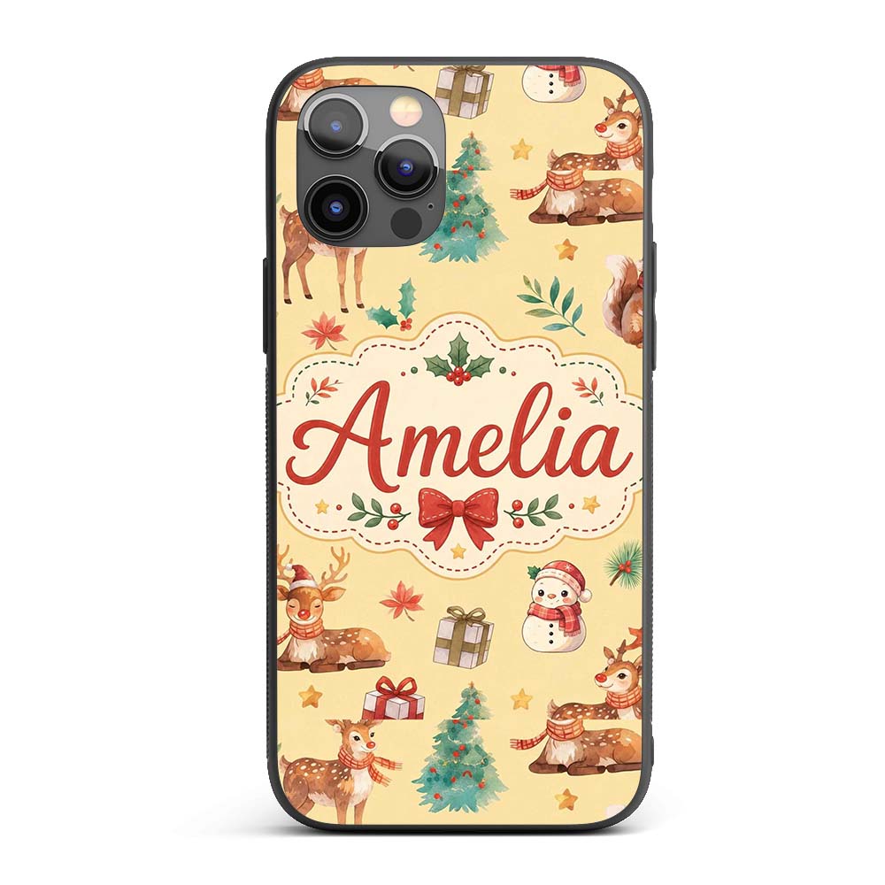 Cute Christmas Deer Squirrel Leaves Gift Pattern Custom Name Protective Phone Case Mobile Cover Durable Everyday Smartphone Shock Resistant
