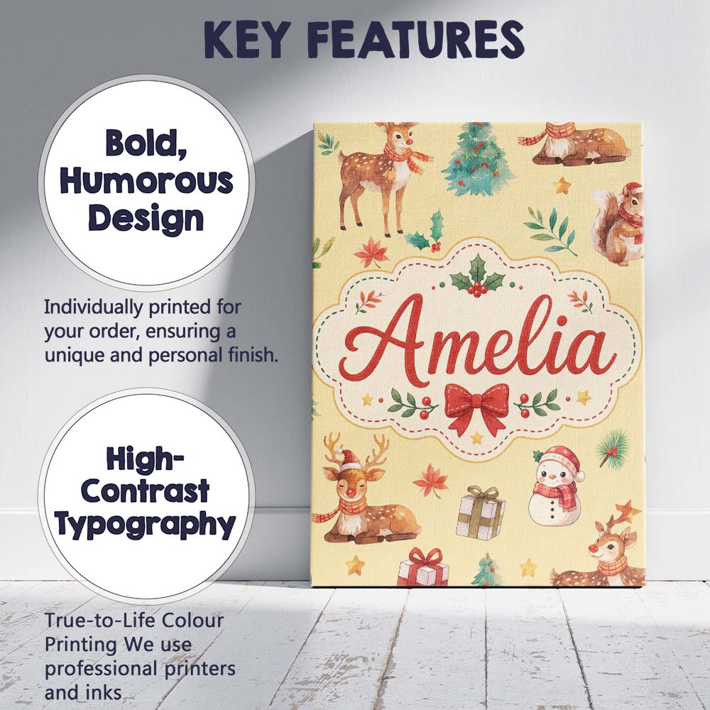 Personalised Name Cute Christmas Deer Custom Modern Room Accent Creative Decorator Style Canvas Wall Art Print Decor Picture Ready to Hang