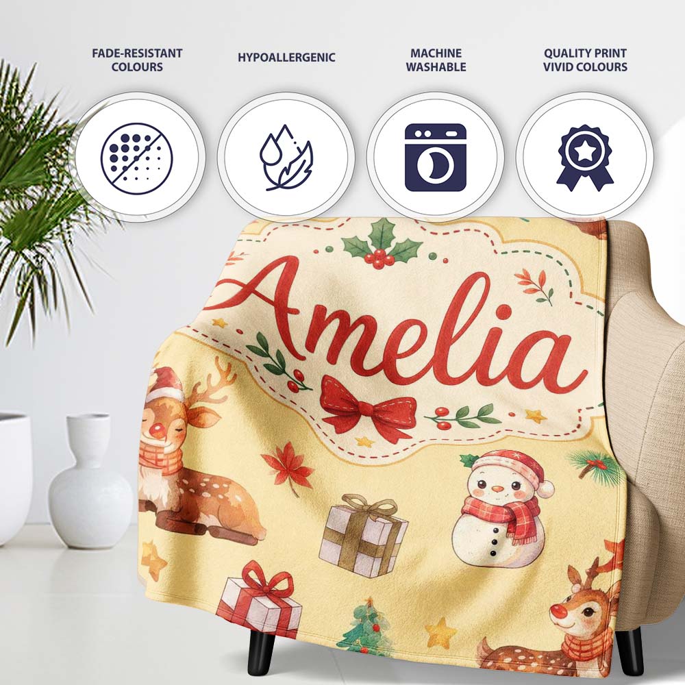 Cute Christmas Deer Squirrel Leaves Gift Pattern Yellow Background Personalised Custom Name Super Soft Fleece Blanket Bed Sofa Throw