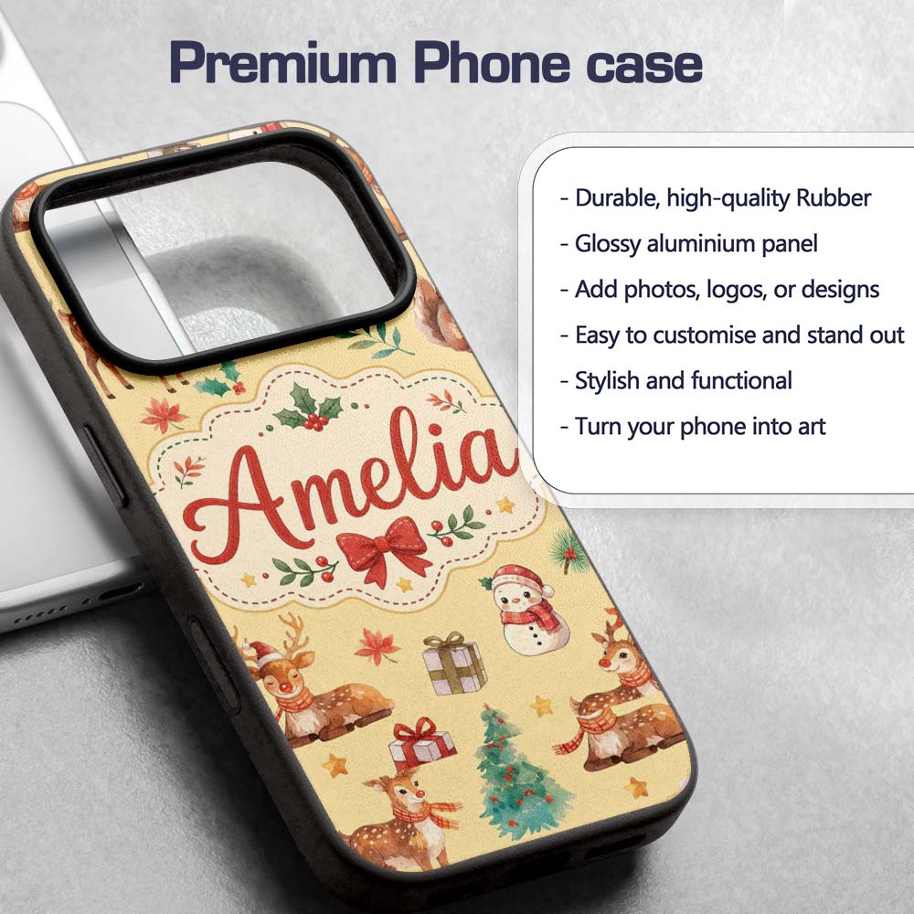 Cute Christmas Deer Squirrel Leaves Gift Pattern Custom Name Protective Phone Case Mobile Cover Durable Everyday Smartphone Shock Resistant