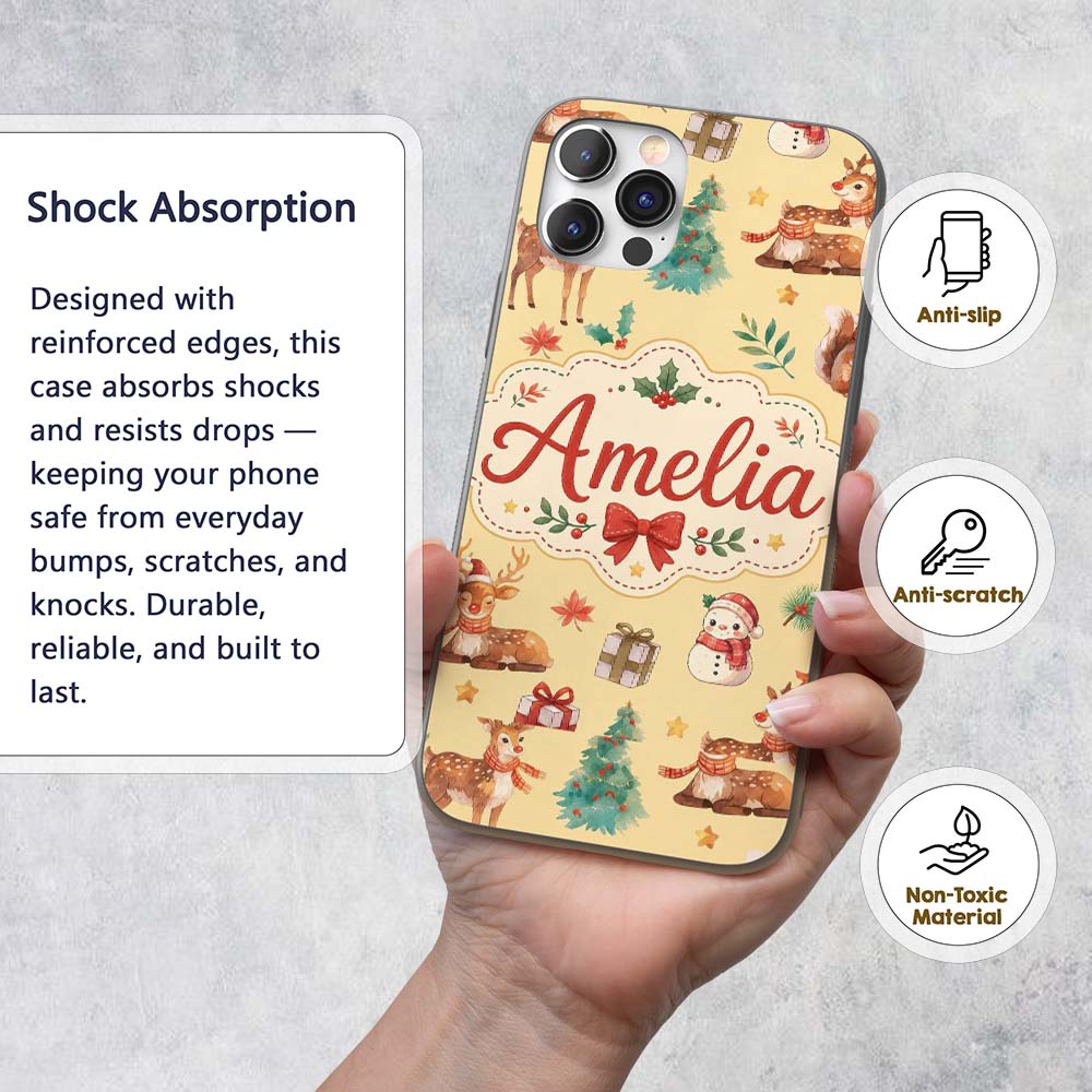 Cute Christmas Deer Squirrel Leaves Gift Pattern Custom Name Protective Phone Case Mobile Cover Durable Everyday Smartphone Shock Resistant