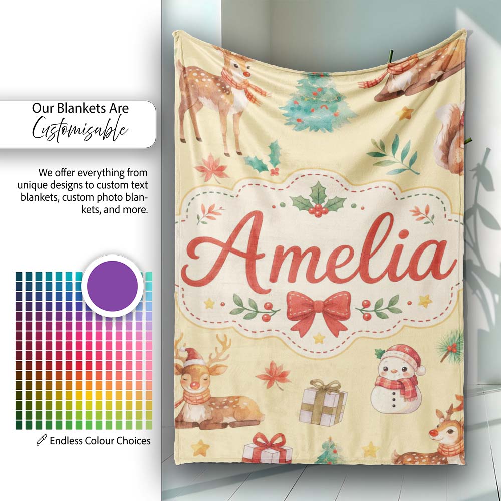 Cute Christmas Deer Squirrel Leaves Gift Pattern Yellow Background Personalised Custom Name Super Soft Fleece Blanket Bed Sofa Throw