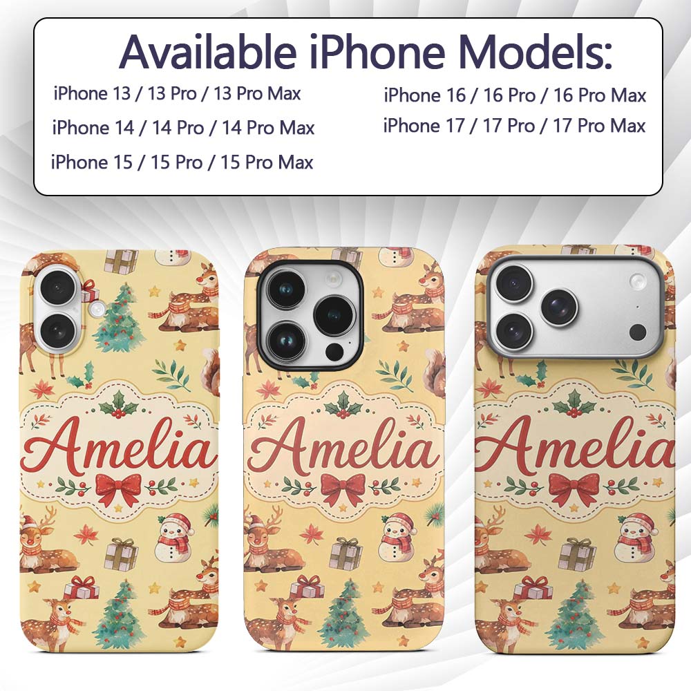 Cute Christmas Deer Squirrel Leaves Gift Pattern Custom Name Protective Phone Case Mobile Cover Durable Everyday Smartphone Shock Resistant