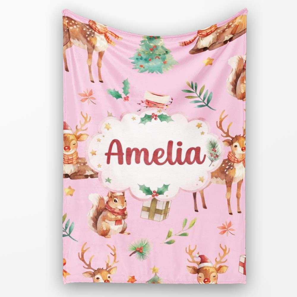 Cute Christmas Deer Squirrel Leaves Gift Pattern Light Pink Personalised Custom Name Super Soft Fleece Blanket Bed Sofa Throw