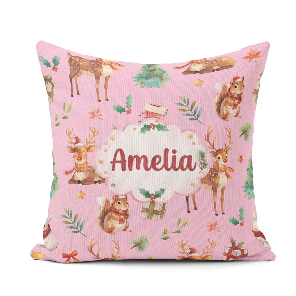 Custom Name Christmas Deer Squirrel Leaves Pattern Light Pink Square Filled Cushion Throw Pillow Sofa Bed Home Decor Zip Washable UK Made
