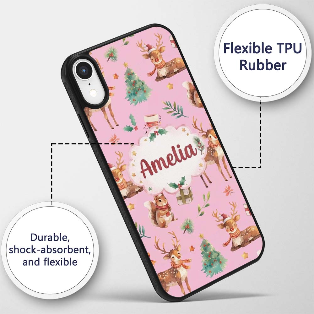 Cute Christmas Deer Squirrel Leaves Gift Pattern Custom Name Protective Phone Case Mobile Cover Durable Everyday Smartphone Shock Resistant