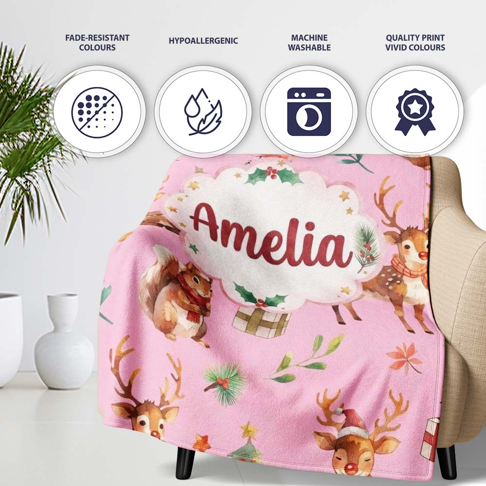 Cute Christmas Deer Squirrel Leaves Gift Pattern Light Pink Personalised Custom Name Super Soft Fleece Blanket Bed Sofa Throw