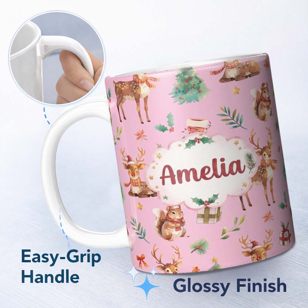 Personalized Custom Name Cute Christmas Deer Squirrel Leaves Gift Pattern Light Pink 11oz Ceramic Coffee Tea Mug White Large Handle