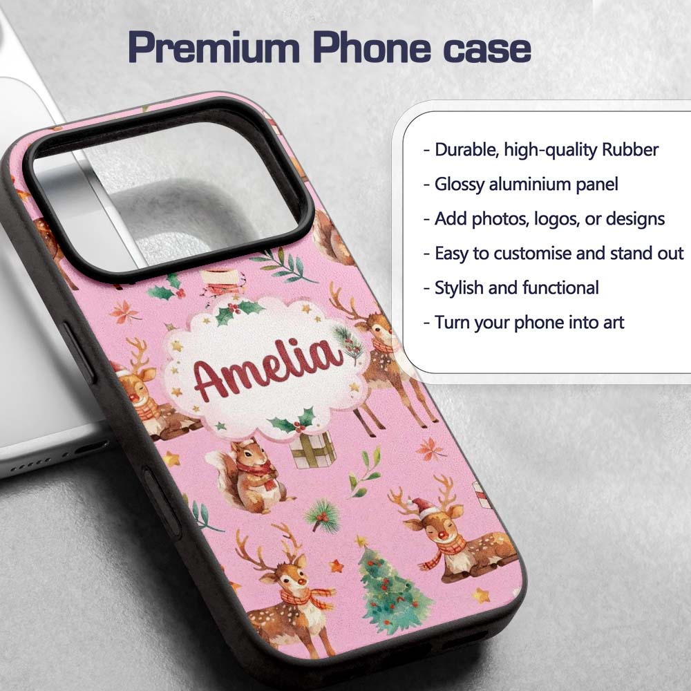 Cute Christmas Deer Squirrel Leaves Gift Pattern Custom Name Protective Phone Case Mobile Cover Durable Everyday Smartphone Shock Resistant
