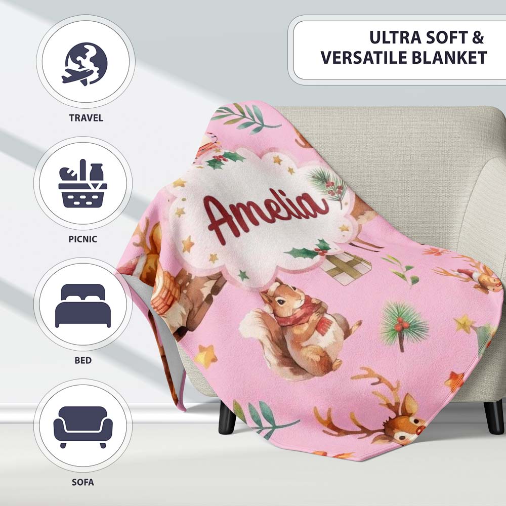 Cute Christmas Deer Squirrel Leaves Gift Pattern Light Pink Personalised Custom Name Super Soft Fleece Blanket Bed Sofa Throw