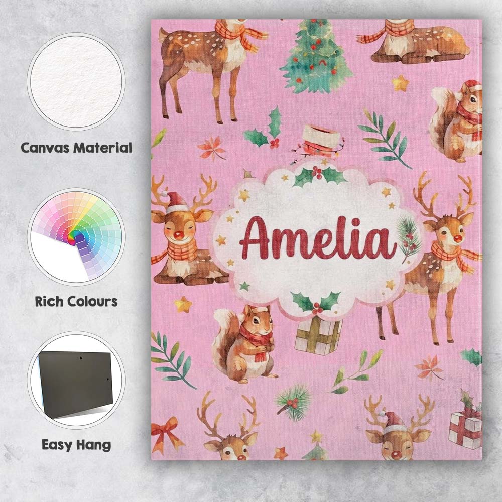 Personalised Name Cute Christmas Deer Custom Modern Room Accent Creative Decorator Style Canvas Wall Art Print Decor Picture Ready to Hang