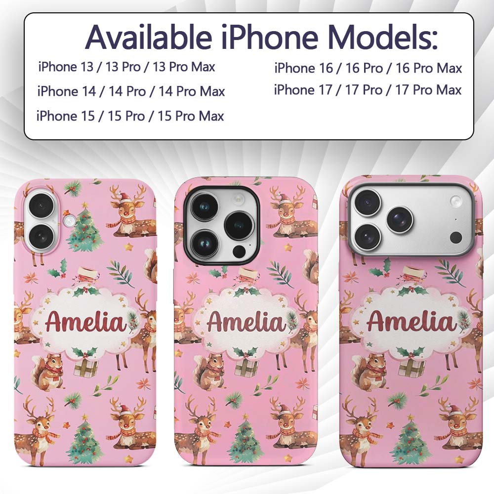Cute Christmas Deer Squirrel Leaves Gift Pattern Custom Name Protective Phone Case Mobile Cover Durable Everyday Smartphone Shock Resistant