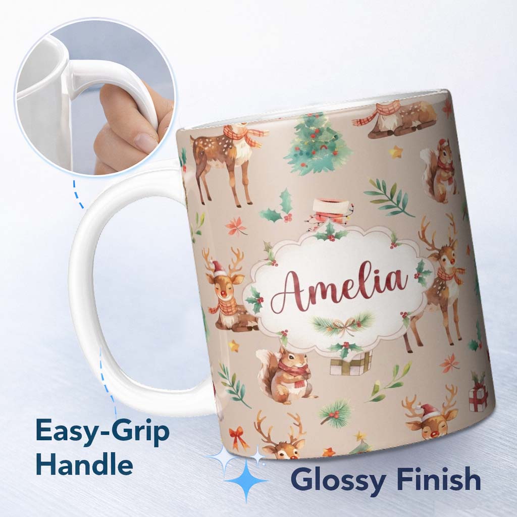 Personalized Custom Name Christmas Deer Squirrel Holly Leaves Gift Seamless Pattern Beige 11oz Ceramic Coffee Tea Mug White Large Handle