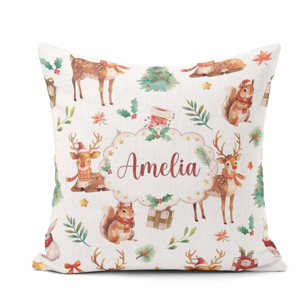 Custom Name Cute Christmas Deer Squirrel Leaves Seamless Pattern Square Filled Cushion Throw Pillow Sofa Bed Home Decor Zip Washable UK Made