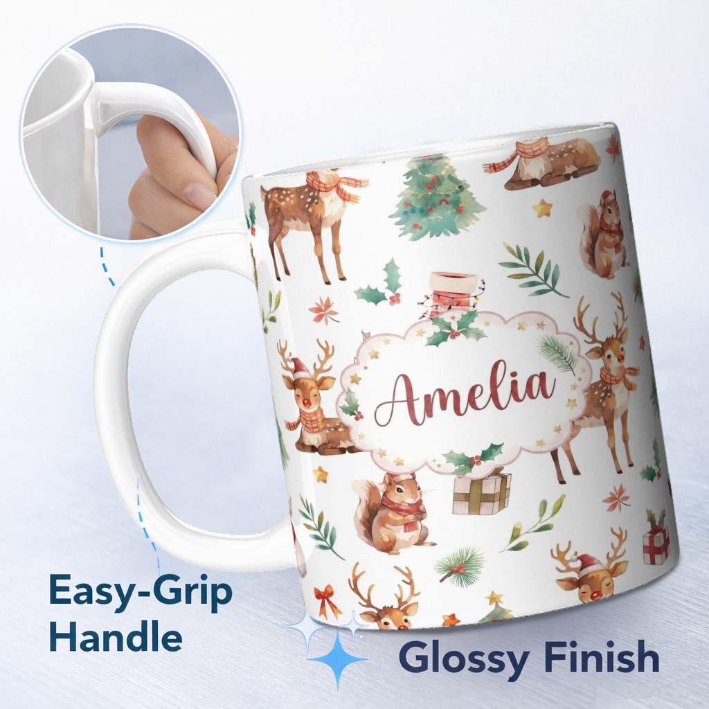 Personalized Custom Name Cute Christmas Deer Squirrel Holly Leaves Gift Seamless Pattern 11oz Ceramic Coffee Tea Mug White Large Handle