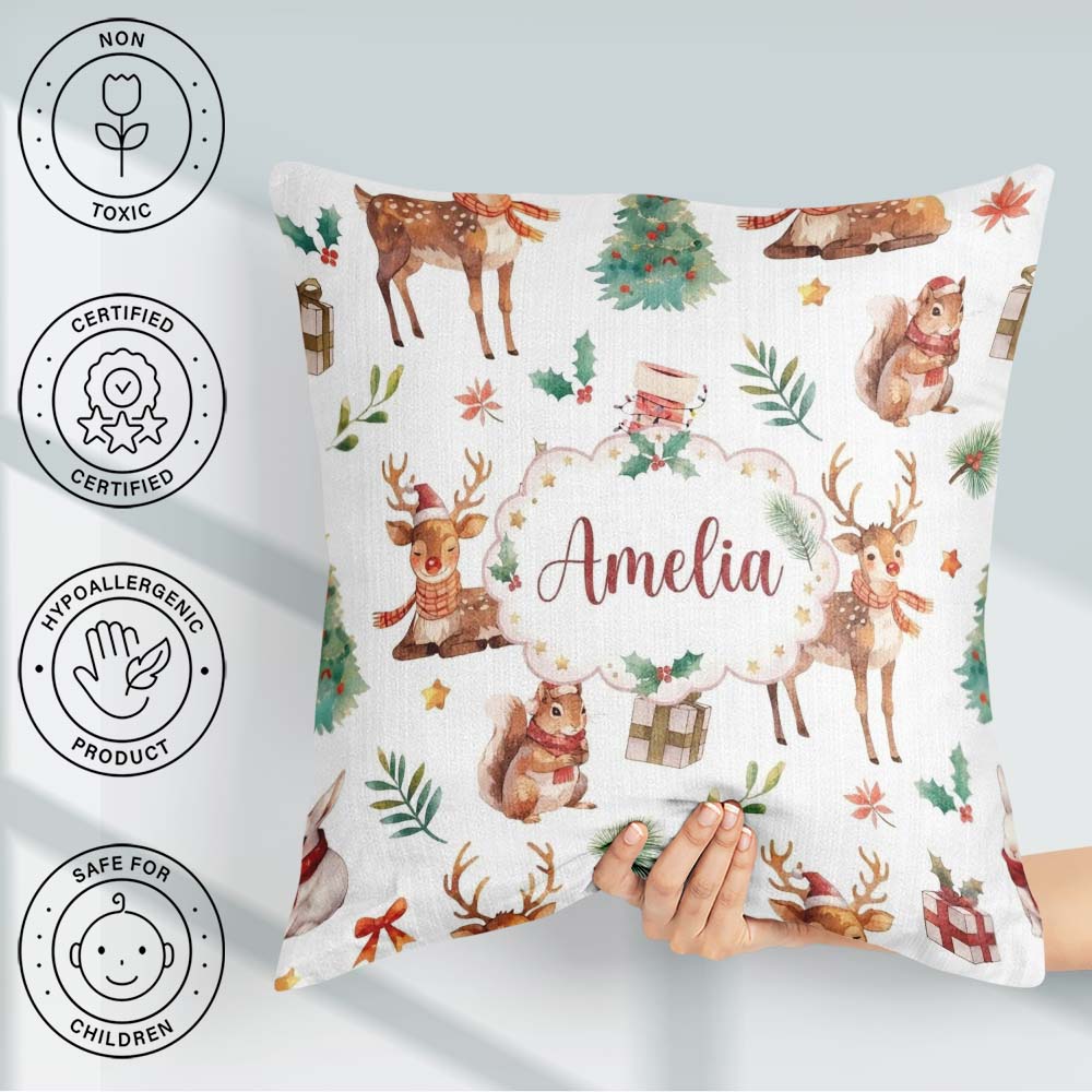 Custom Name Cute Christmas Deer Squirrel Leaves Seamless Pattern Square Filled Cushion Throw Pillow Sofa Bed Home Decor Zip Washable UK Made