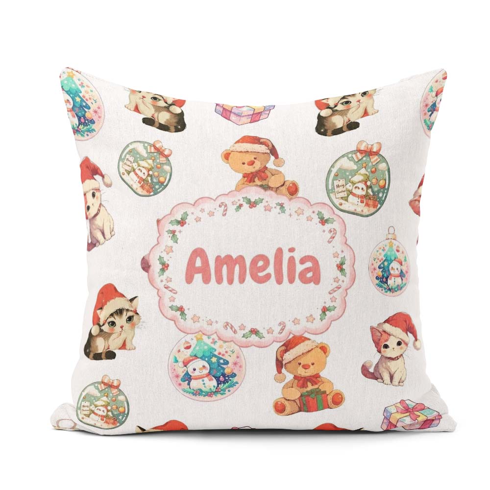 Custom Name Cute Christmas Cat Teddy Bear Seamless Pattern White Square Filled Cushion Throw Pillow Sofa Bed Home Decor Zip Washable UK Made