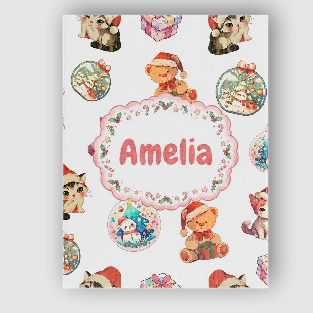 Personalised Name Cute Christmas Cat Teddy Custom Unique Gift Idea Elegant Feature Canvas Wall Art Print Decor Picture Ready to Hang