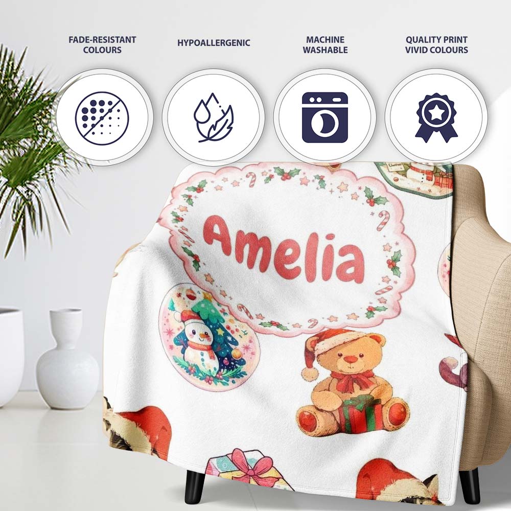 Cute Christmas Cat Teddy Bear Bauble Gift Seamless Pattern White Personalised Custom Name Super Soft Fleece Blanket Bed Sofa Throw