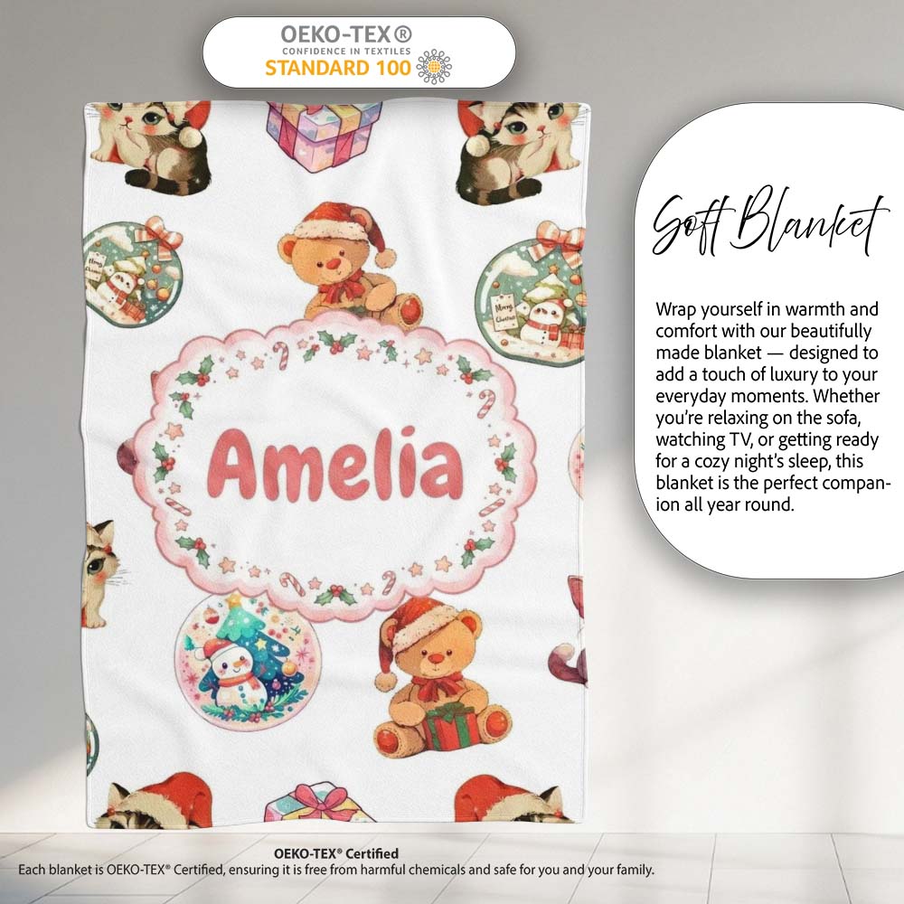 Cute Christmas Cat Teddy Bear Bauble Gift Seamless Pattern White Personalised Custom Name Super Soft Fleece Blanket Bed Sofa Throw
