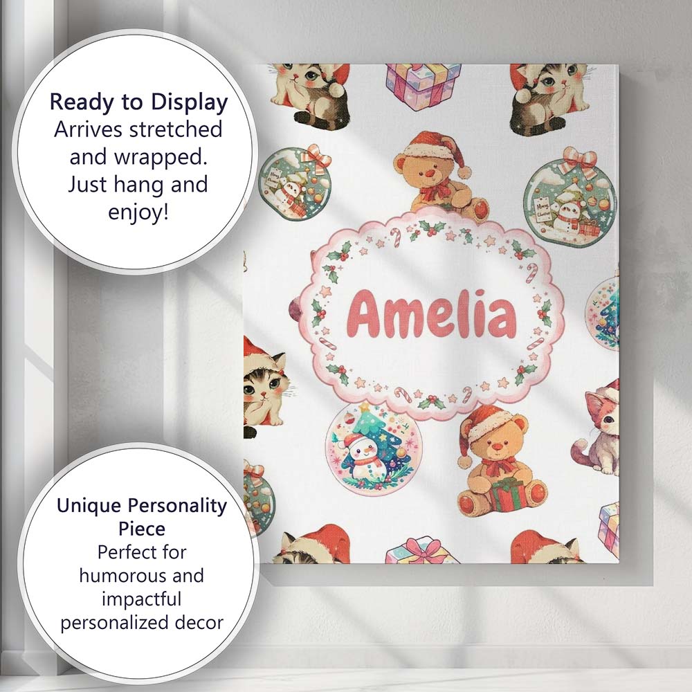 Personalised Name Cute Christmas Cat Teddy Custom Unique Gift Idea Elegant Feature Canvas Wall Art Print Decor Picture Ready to Hang