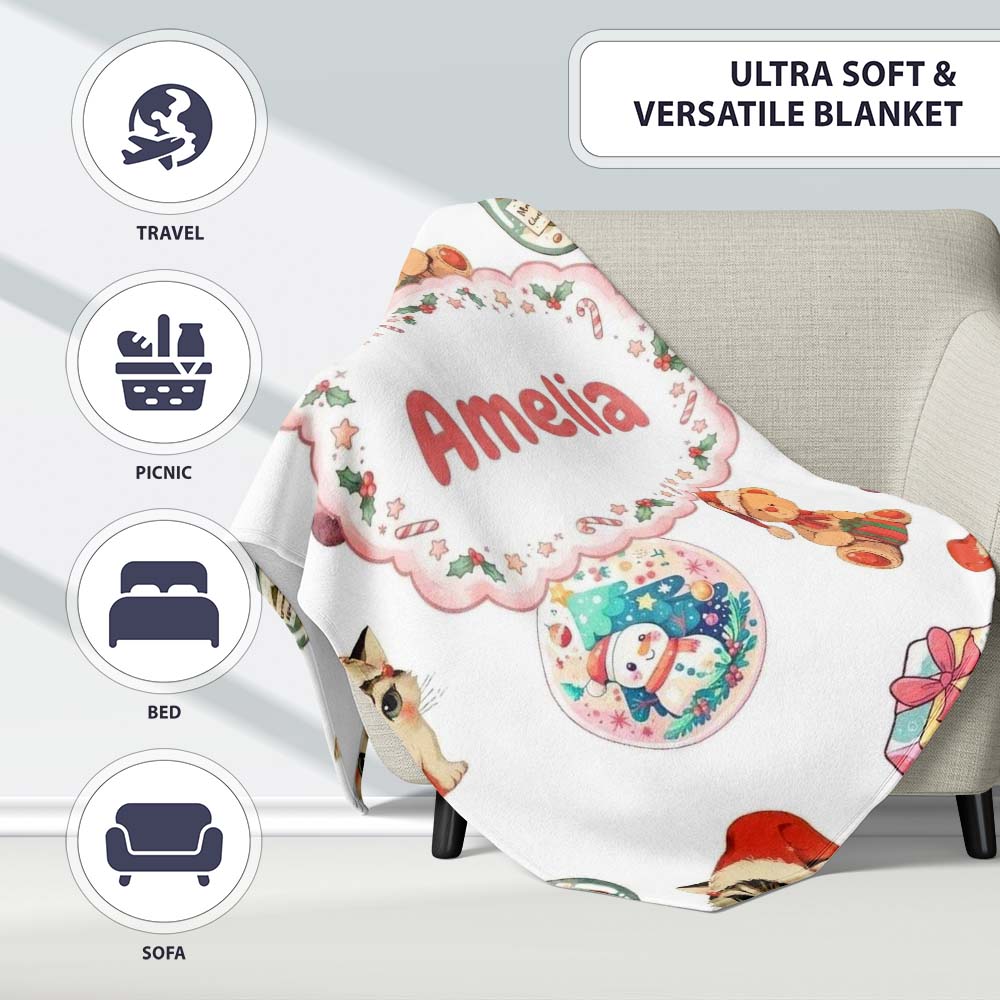 Cute Christmas Cat Teddy Bear Bauble Gift Seamless Pattern White Personalised Custom Name Super Soft Fleece Blanket Bed Sofa Throw