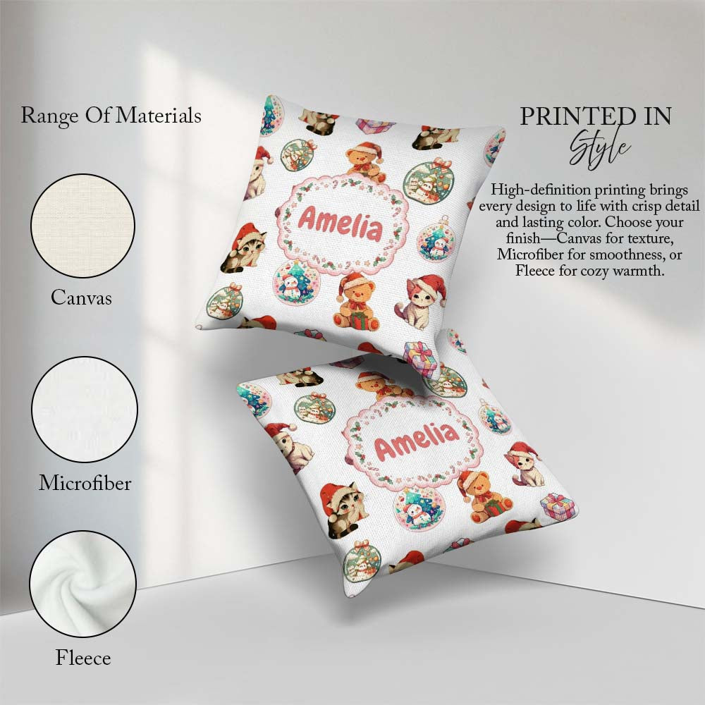 Custom Name Cute Christmas Cat Teddy Bear Seamless Pattern White Square Filled Cushion Throw Pillow Sofa Bed Home Decor Zip Washable UK Made